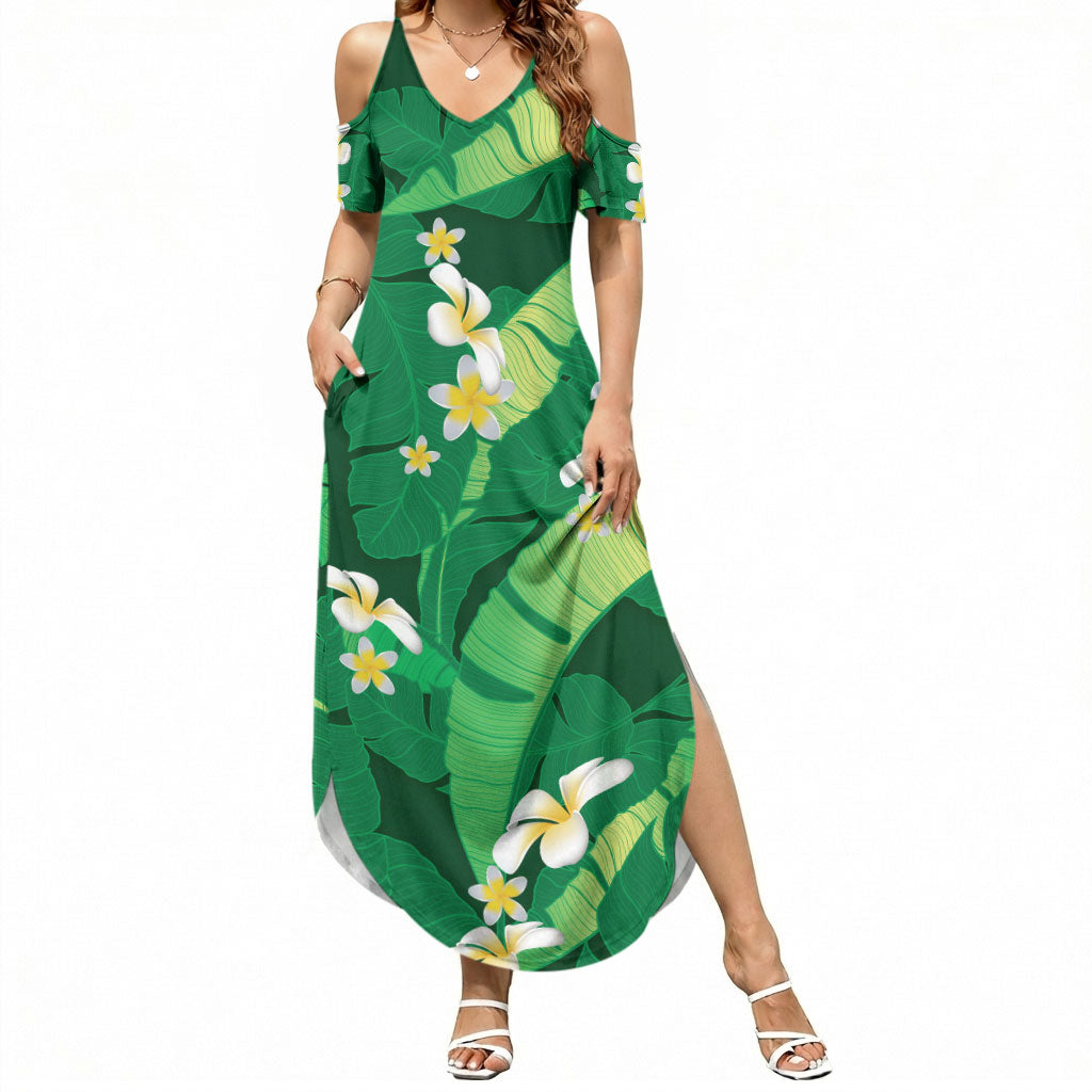 Green Banana Leaf Hawaii Summer Maxi Dress Lau Maia Plumeria Tropical Summer Vibes LT14 Women Green - Polynesian Pride