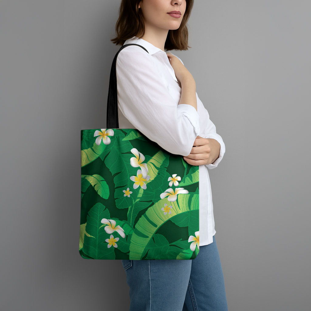 Green Banana Leaf Hawaii Tote Bag Lau Maia Plumeria Tropical Summer Vibes LT14 - Polynesian Pride