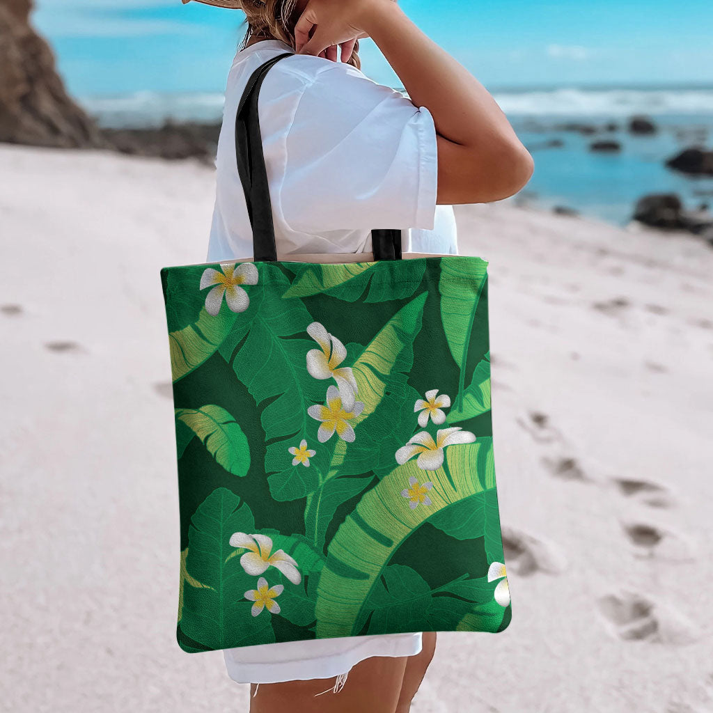 Green Banana Leaf Hawaii Tote Bag Lau Maia Plumeria Tropical Summer Vibes LT14 - Polynesian Pride