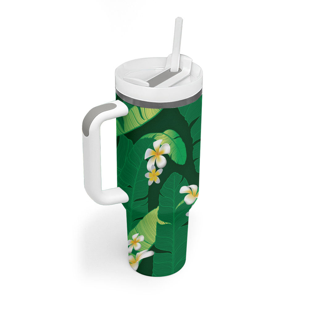Green Banana Leaf Hawaii Tumbler With Handle Lau Maia Plumeria Tropical Summer Vibes LT14 - Polynesian Pride