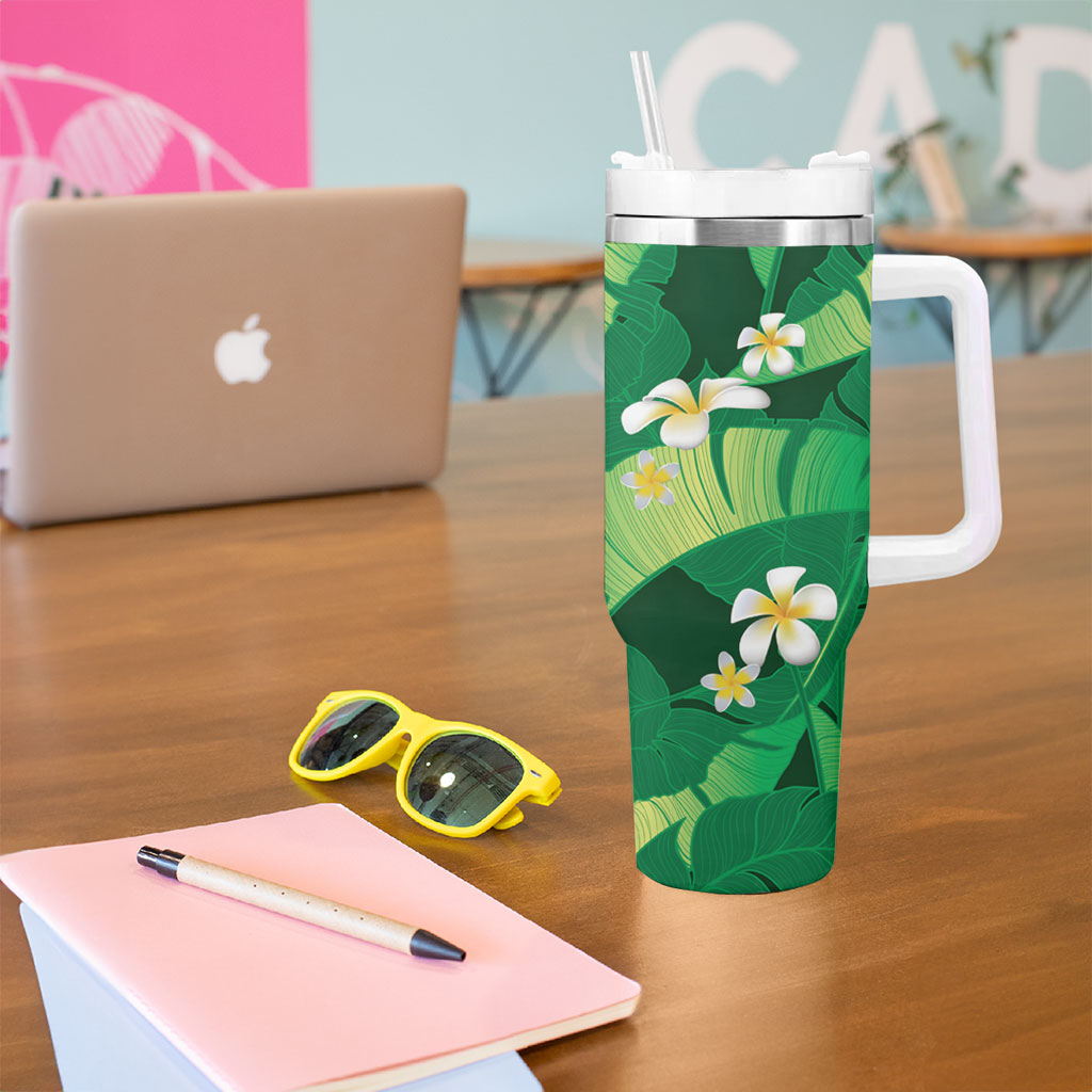 Green Banana Leaf Hawaii Tumbler With Handle Lau Maia Plumeria Tropical Summer Vibes LT14 - Polynesian Pride