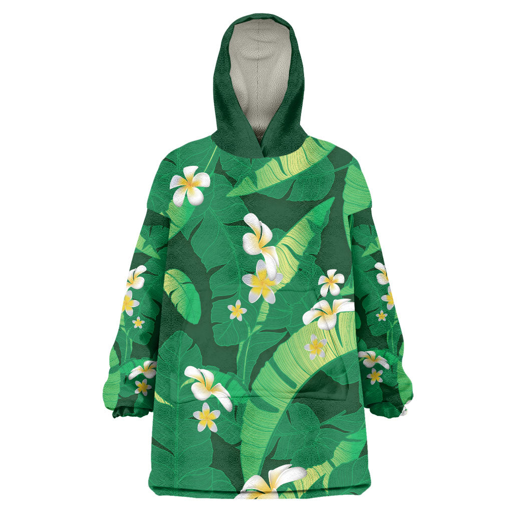 Green Banana Leaf Hawaii Wearable Blanket Hoodie Lau Maia Plumeria Tropical Summer Vibes LT14 One Size Green - Polynesian Pride