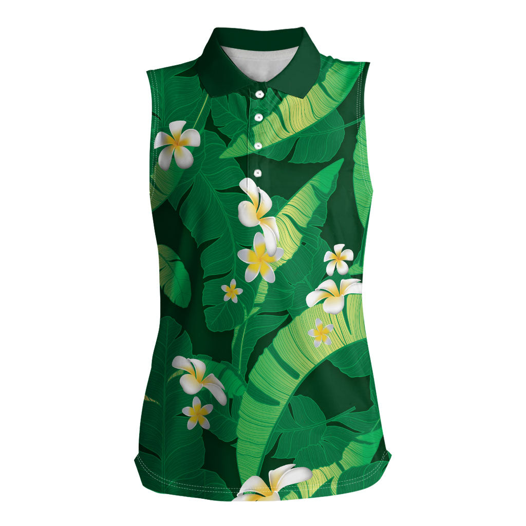 Green Banana Leaf Hawaii Women Sleeveless Polo Shirt Lau Maia Plumeria Tropical Summer Vibes LT14 Female Green - Polynesian Pride
