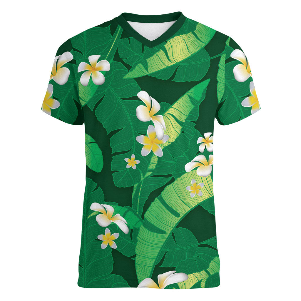 Green Banana Leaf Hawaii Women V-Neck T-Shirt Lau Maia Plumeria Tropical Summer Vibes LT14 Female Green - Polynesian Pride