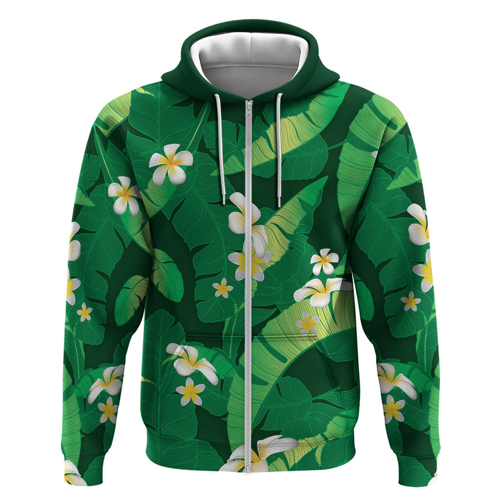 Green Banana Leaf Hawaii Zip Hoodie Lau Maia Plumeria Tropical Summer Vibes LT14 Zip Hoodie Green - Polynesian Pride