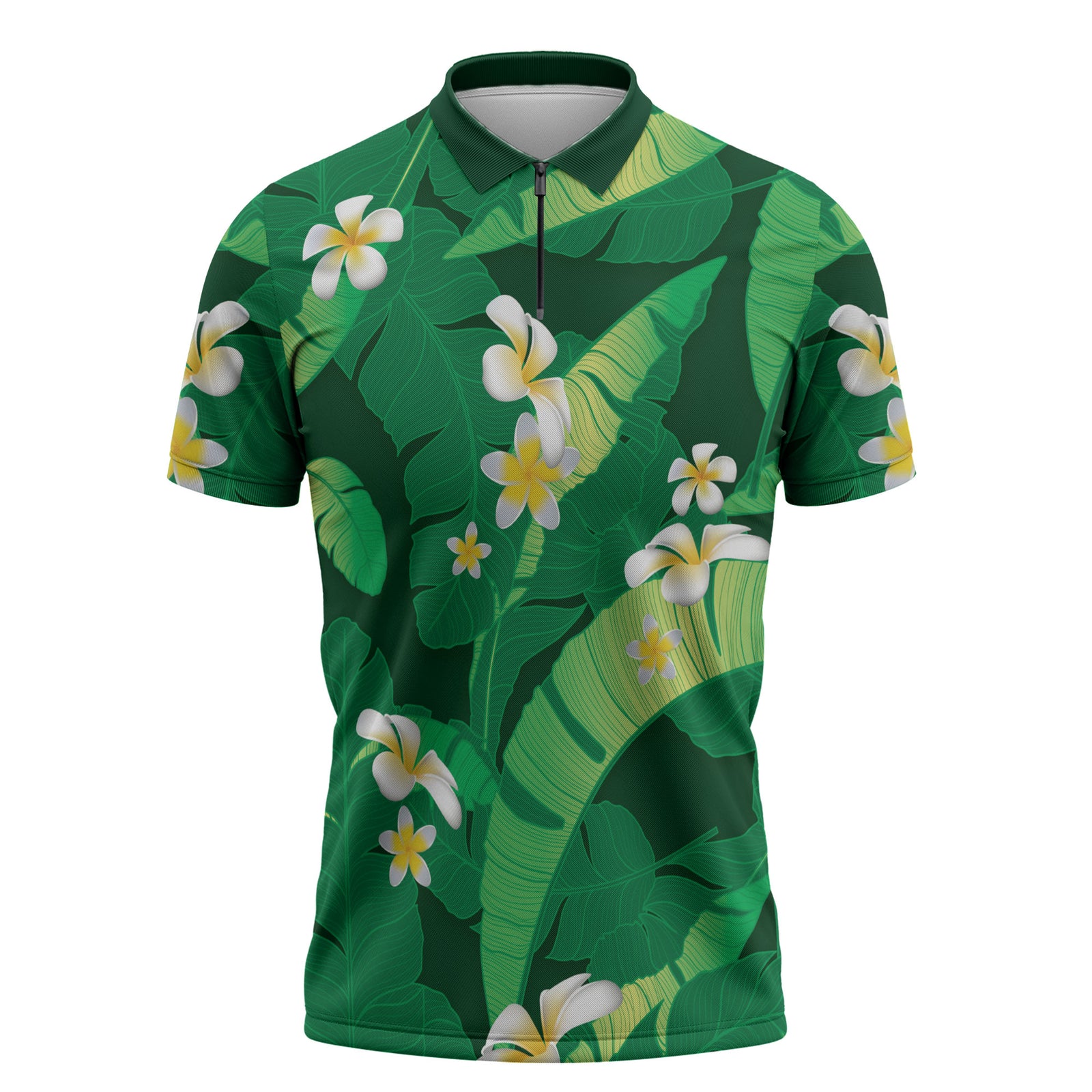 Green Banana Leaf Hawaii Zipper Polo Shirt Lau Maia Plumeria Tropical Summer Vibes LT14 Green - Polynesian Pride