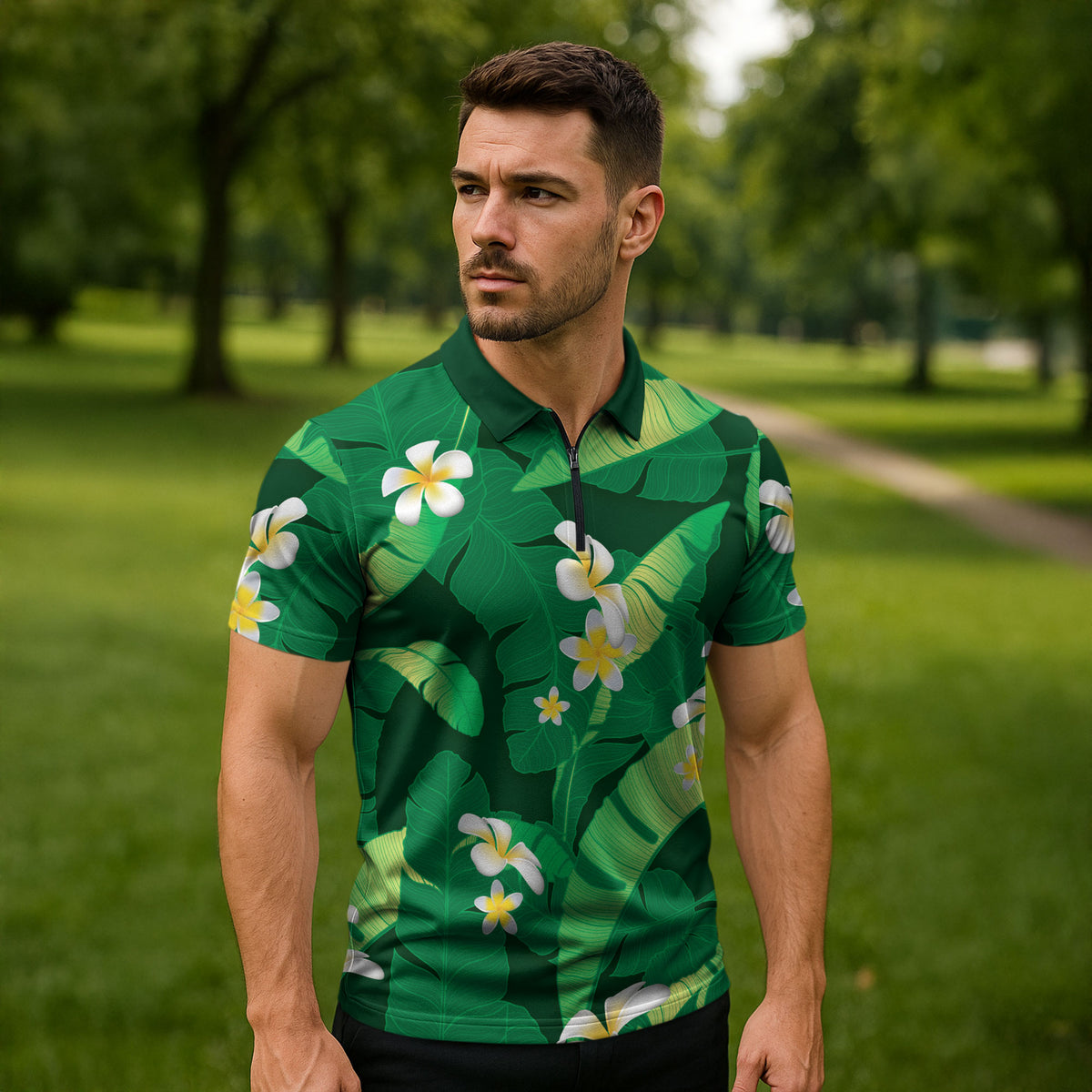 Green Banana Leaf Hawaii Zipper Polo Shirt Lau Maia Plumeria Tropical Summer Vibes LT14 - Polynesian Pride