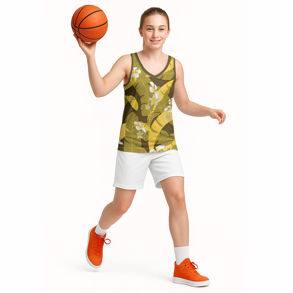 Yellow Banana Leaf Hawaii Basketball Jersey Lau Maia Plumeria Tropical Summer Vibes LT14 - Polynesian Pride
