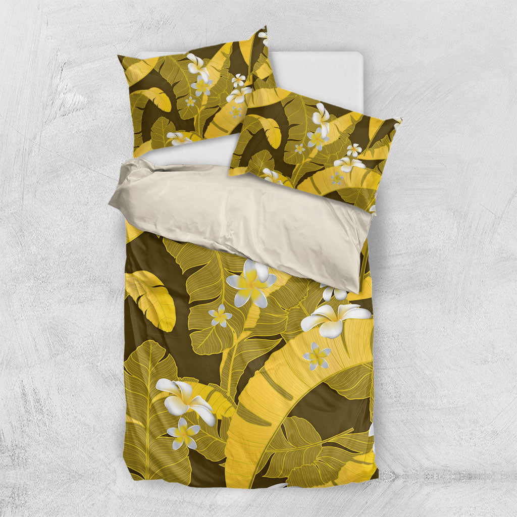 Yellow Banana Leaf Hawaii Bedding Set Lau Maia Plumeria Tropical Summer Vibes LT14 US Twin 172cm x 218cm Yellow - Polynesian Pride