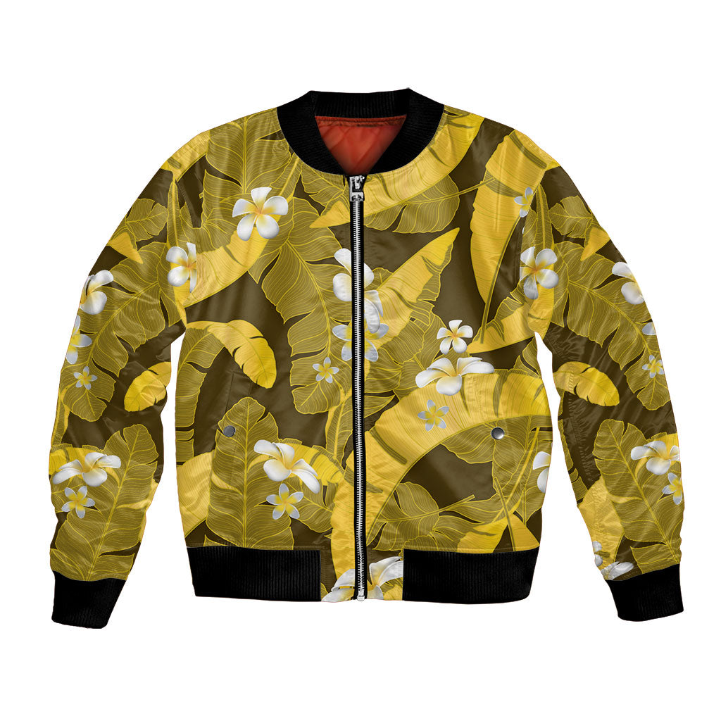 Yellow Banana Leaf Hawaii Bomber Jacket Lau Maia Plumeria Tropical Summer Vibes LT14 Unisex Yellow - Polynesian Pride
