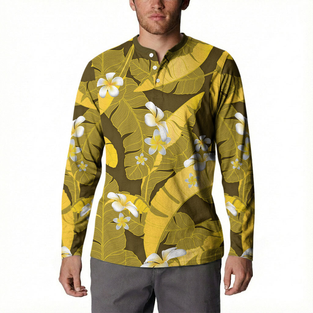 Yellow Banana Leaf Hawaii Button Sweatshirt Lau Maia Plumeria Tropical Summer Vibes LT14 - Polynesian Pride