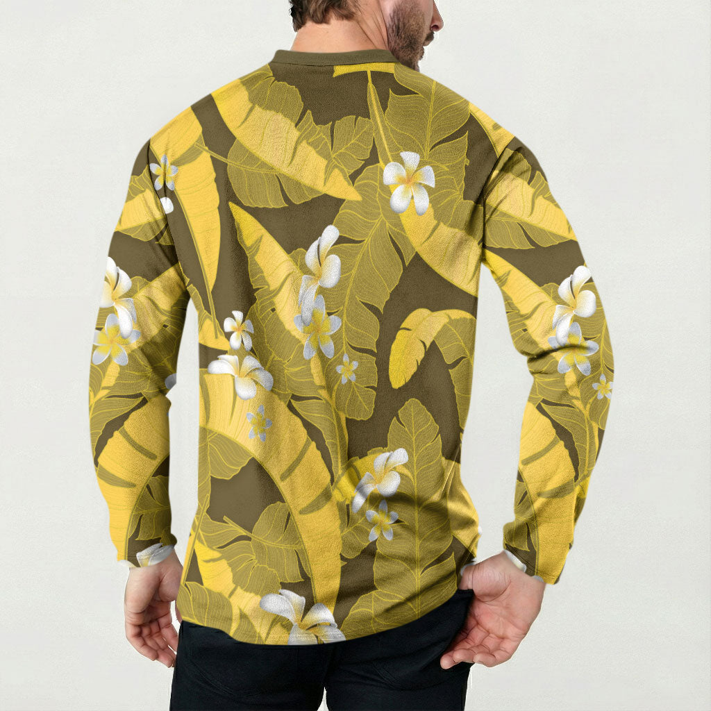 Yellow Banana Leaf Hawaii Button Sweatshirt Lau Maia Plumeria Tropical Summer Vibes LT14 - Polynesian Pride