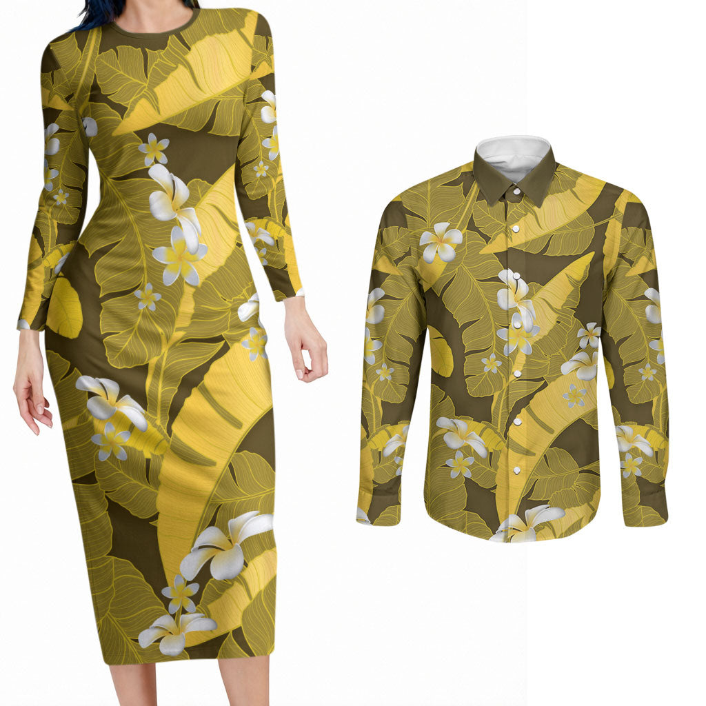 Yellow Banana Leaf Hawaii Couples Matching Long Sleeve Bodycon Dress and Long Sleeve Button Shirt Lau Maia Plumeria Tropical Summer Vibes LT14 Yellow - Polynesian Pride
