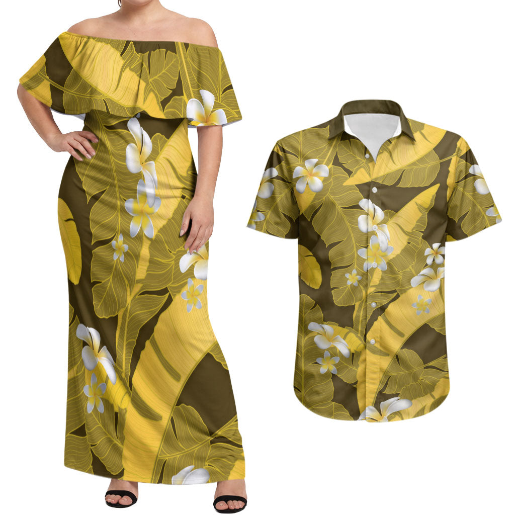 Yellow Banana Leaf Hawaii Couples Matching Off Shoulder Maxi Dress and Hawaiian Shirt Lau Maia Plumeria Tropical Summer Vibes LT14 Yellow - Polynesian Pride