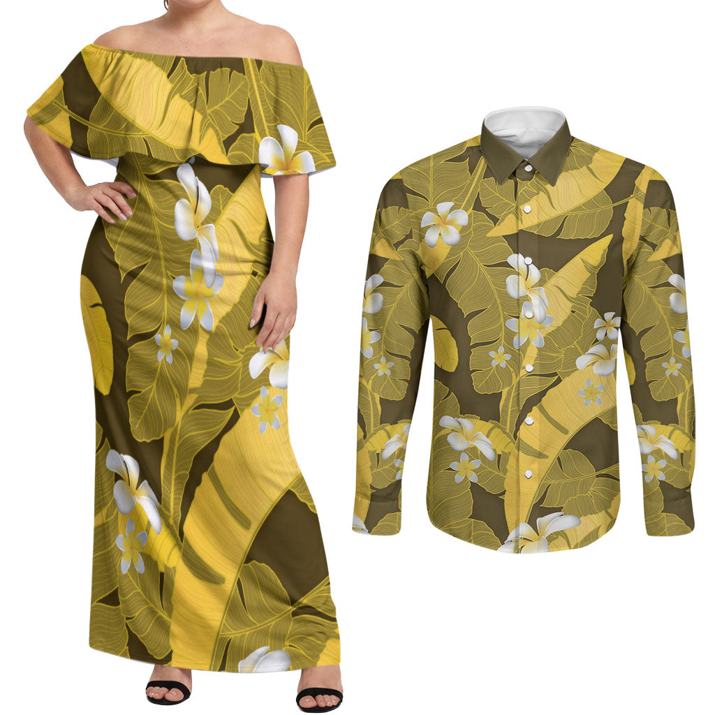 Yellow Banana Leaf Hawaii Couples Matching Off Shoulder Maxi Dress and Long Sleeve Button Shirt Lau Maia Plumeria Tropical Summer Vibes LT14 Yellow - Polynesian Pride