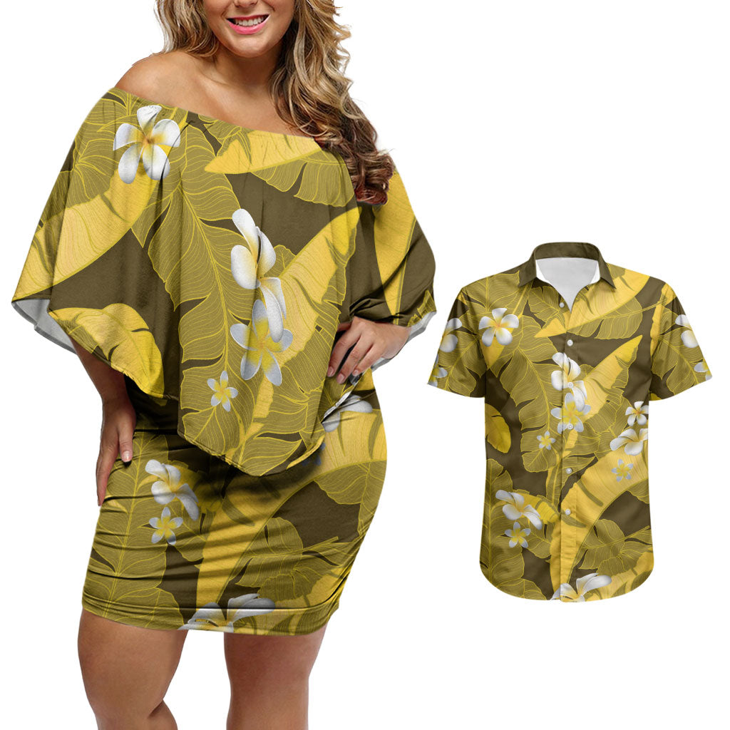 Yellow Banana Leaf Hawaii Couples Matching Off Shoulder Short Dress and Hawaiian Shirt Lau Maia Plumeria Tropical Summer Vibes LT14 Yellow - Polynesian Pride