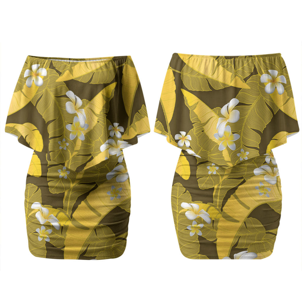 Yellow Banana Leaf Hawaii Couples Matching Off Shoulder Short Dress and Long Sleeve Button Shirt Lau Maia Plumeria Tropical Summer Vibes LT14 - Polynesian Pride