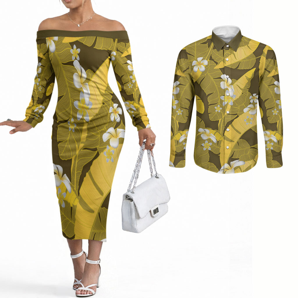 Yellow Banana Leaf Hawaii Couples Matching Off The Shoulder Long Sleeve Dress and Long Sleeve Button Shirt Lau Maia Plumeria Tropical Summer Vibes LT14 Yellow - Polynesian Pride
