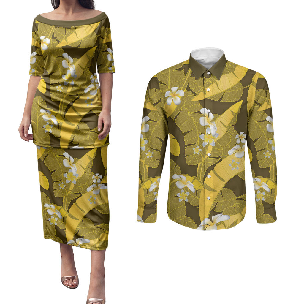Yellow Banana Leaf Hawaii Couples Matching Puletasi and Long Sleeve Button Shirt Lau Maia Plumeria Tropical Summer Vibes LT14 Yellow - Polynesian Pride