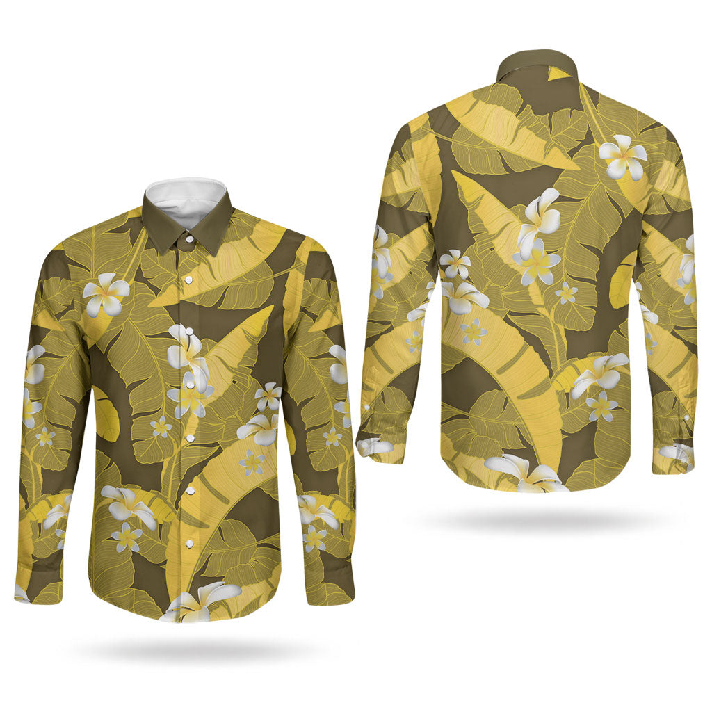 Yellow Banana Leaf Hawaii Couples Matching Puletasi and Long Sleeve Button Shirt Lau Maia Plumeria Tropical Summer Vibes LT14 - Polynesian Pride