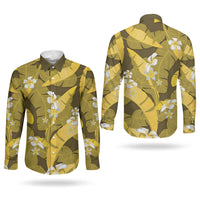 Yellow Banana Leaf Hawaii Couples Matching Puletasi and Long Sleeve Button Shirt Lau Maia Plumeria Tropical Summer Vibes LT14 - Polynesian Pride