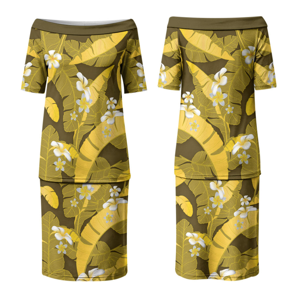 Yellow Banana Leaf Hawaii Couples Matching Puletasi and Long Sleeve Button Shirt Lau Maia Plumeria Tropical Summer Vibes LT14 - Polynesian Pride