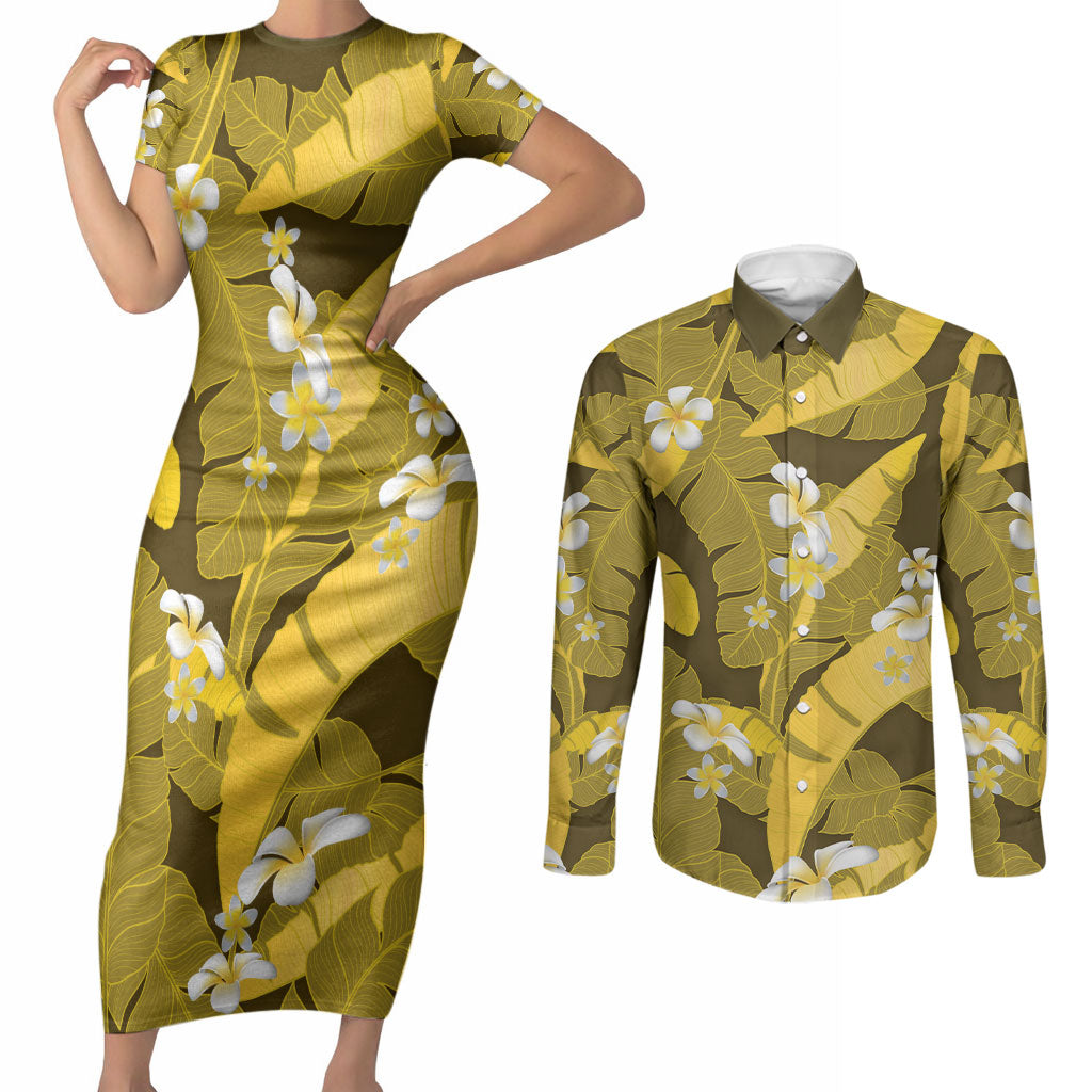 Yellow Banana Leaf Hawaii Couples Matching Short Sleeve Bodycon Dress and Long Sleeve Button Shirt Lau Maia Plumeria Tropical Summer Vibes LT14 Yellow - Polynesian Pride