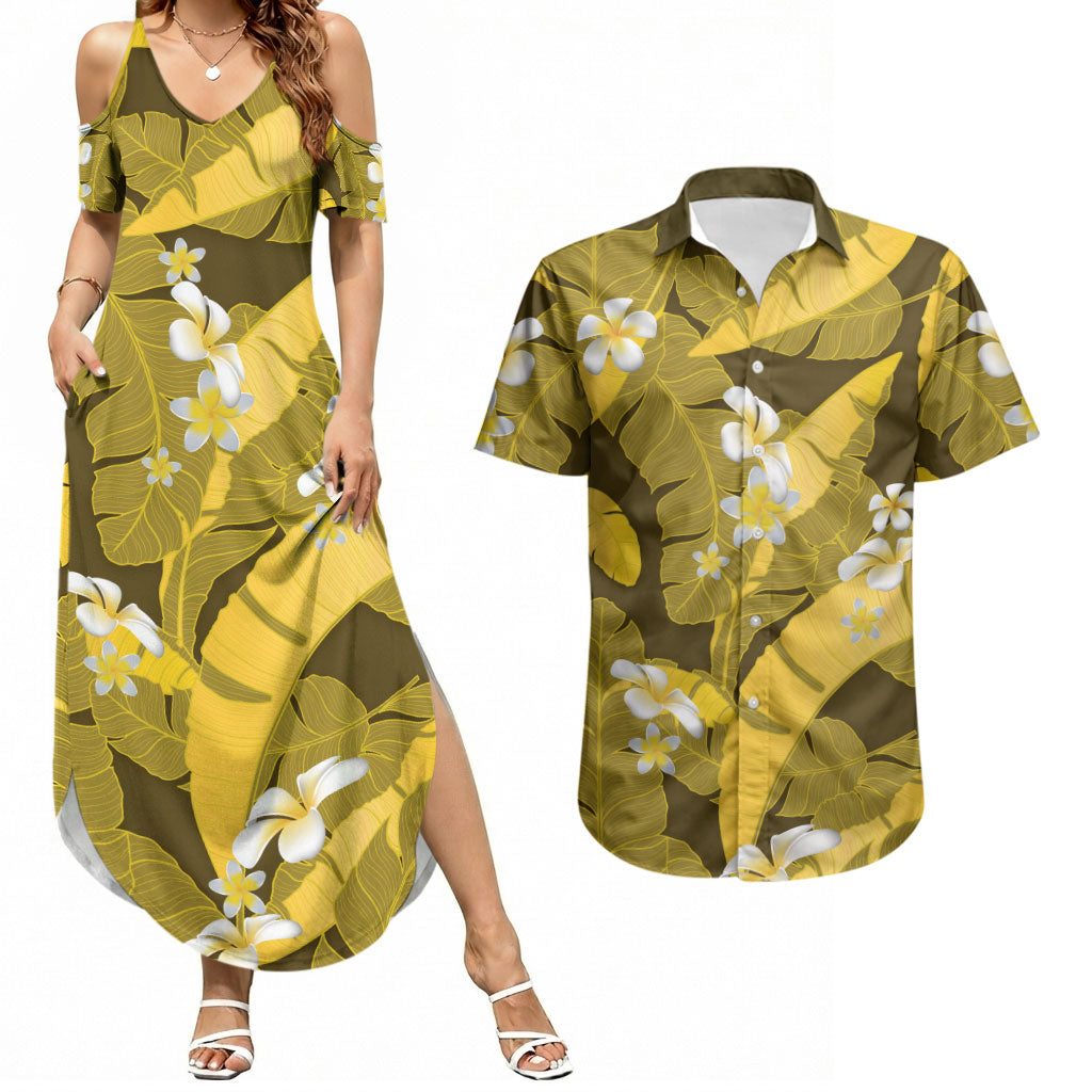 Yellow Banana Leaf Hawaii Couples Matching Summer Maxi Dress and Hawaiian Shirt Lau Maia Plumeria Tropical Summer Vibes LT14 Yellow - Polynesian Pride