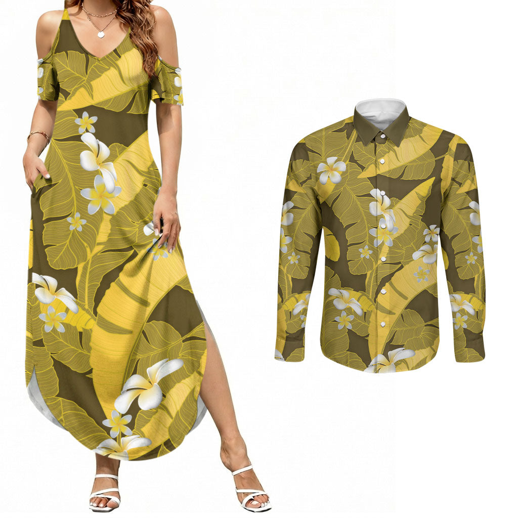 Yellow Banana Leaf Hawaii Couples Matching Summer Maxi Dress and Long Sleeve Button Shirt Lau Maia Plumeria Tropical Summer Vibes LT14 Yellow - Polynesian Pride