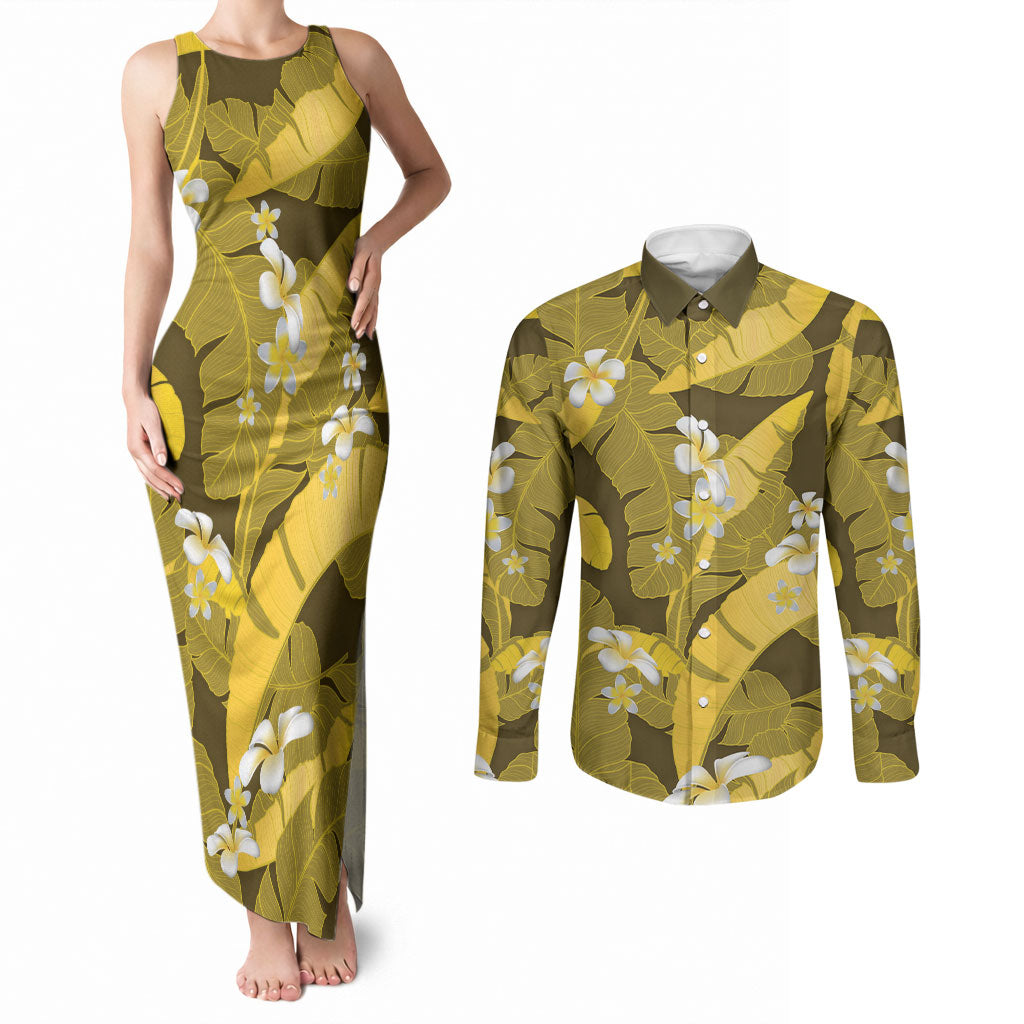Yellow Banana Leaf Hawaii Couples Matching Tank Maxi Dress and Long Sleeve Button Shirt Lau Maia Plumeria Tropical Summer Vibes LT14 Yellow - Polynesian Pride
