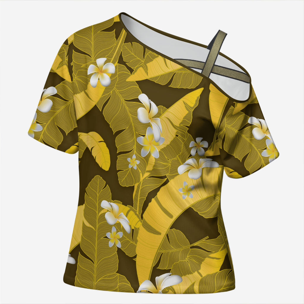 Yellow Banana Leaf Hawaii Cross Shoulder Shirt Lau Maia Plumeria Tropical Summer Vibes LT14 Female Yellow - Polynesian Pride