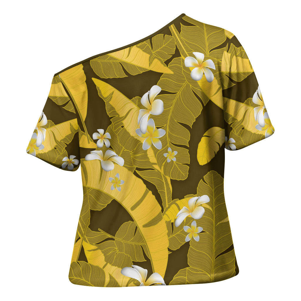 Yellow Banana Leaf Hawaii Cross Shoulder Shirt Lau Maia Plumeria Tropical Summer Vibes LT14 - Polynesian Pride