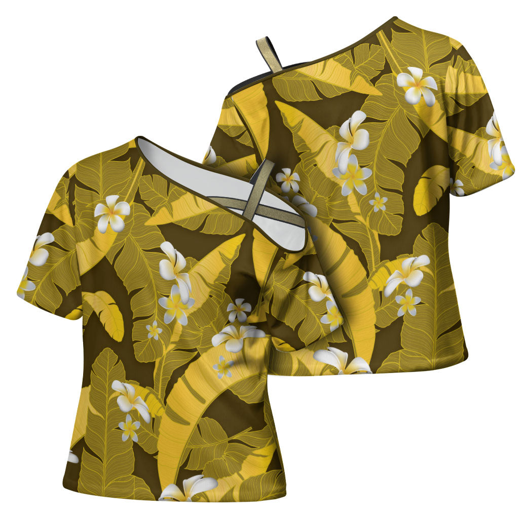Yellow Banana Leaf Hawaii Cross Shoulder Shirt Lau Maia Plumeria Tropical Summer Vibes LT14 - Polynesian Pride