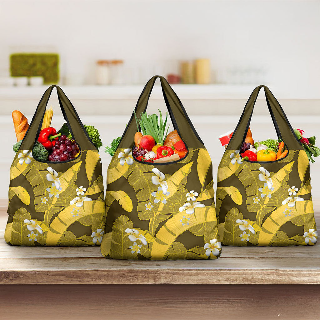 Yellow Banana Leaf Hawaii Grocery Bag Lau Maia Plumeria Tropical Summer Vibes LT14 3-pack One Size Yellow - Polynesian Pride