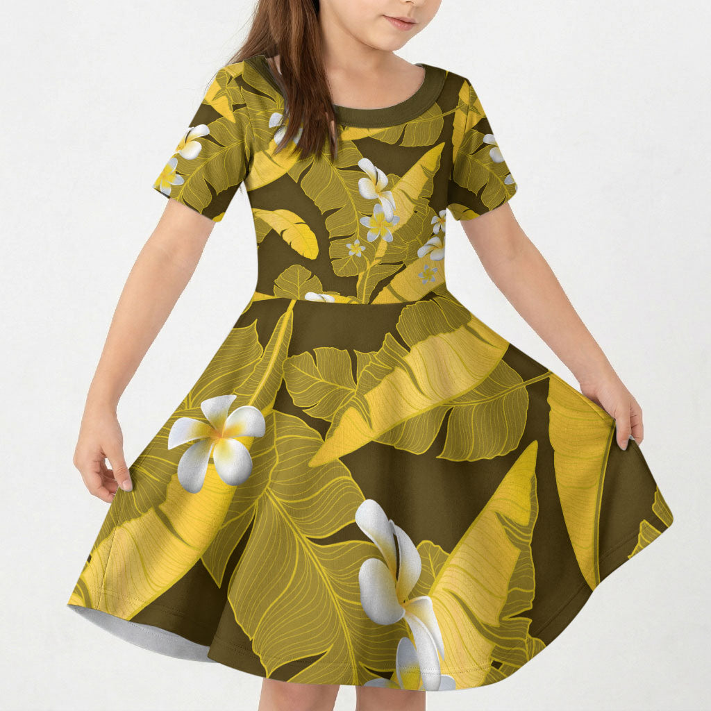 Yellow Banana Leaf Hawaii Kid Short Sleeve Dress Lau Maia Plumeria Tropical Summer Vibes LT14 KID Yellow - Polynesian Pride