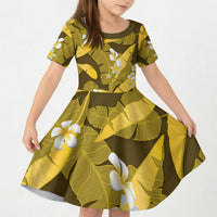 Yellow Banana Leaf Hawaii Kid Short Sleeve Dress Lau Maia Plumeria Tropical Summer Vibes LT14 KID Yellow - Polynesian Pride