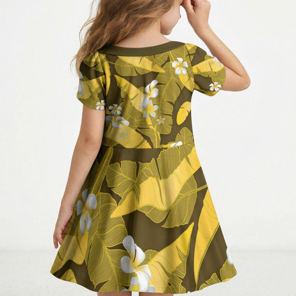 Yellow Banana Leaf Hawaii Kid Short Sleeve Dress Lau Maia Plumeria Tropical Summer Vibes LT14 - Polynesian Pride
