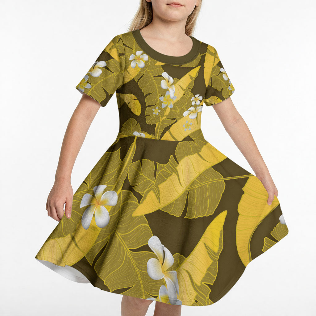 Yellow Banana Leaf Hawaii Kid Short Sleeve Dress Lau Maia Plumeria Tropical Summer Vibes LT14 - Polynesian Pride