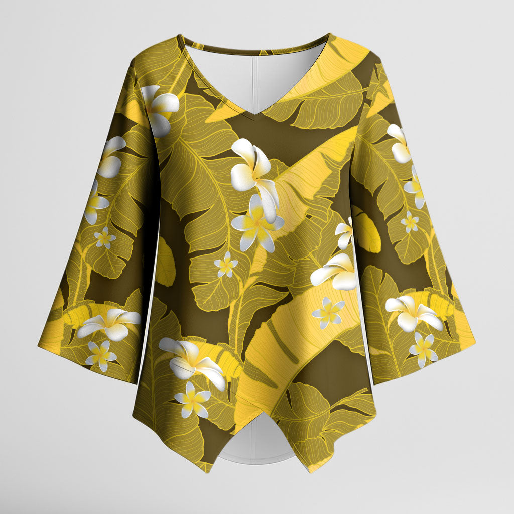Yellow Banana Leaf Hawaii Kimono Sleeve Blouse Lau Maia Plumeria Tropical Summer Vibes LT14 Female Yellow - Polynesian Pride