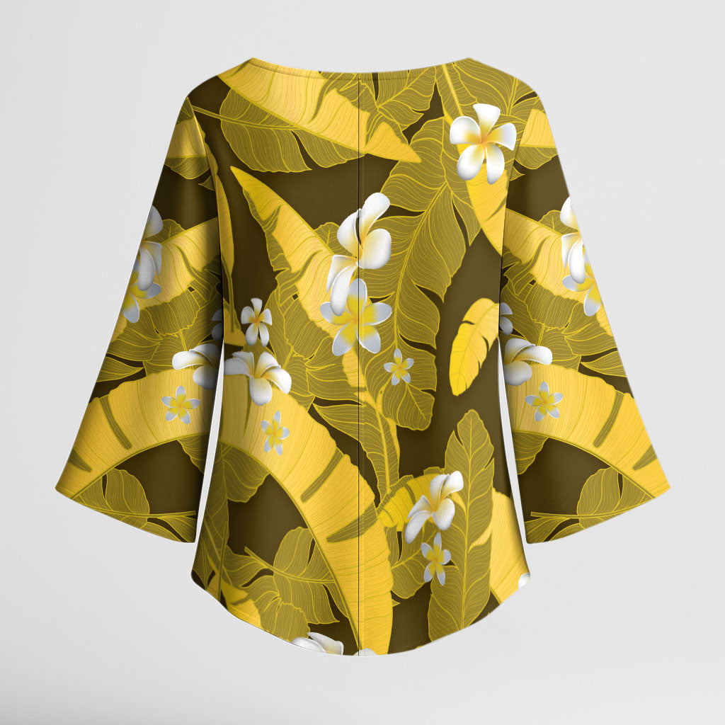 Yellow Banana Leaf Hawaii Kimono Sleeve Blouse Lau Maia Plumeria Tropical Summer Vibes LT14 - Polynesian Pride