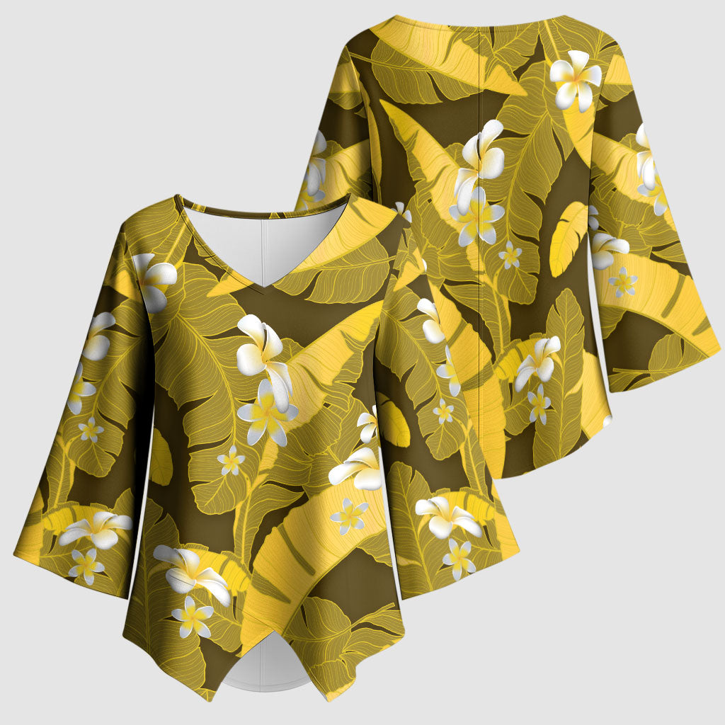 Yellow Banana Leaf Hawaii Kimono Sleeve Blouse Lau Maia Plumeria Tropical Summer Vibes LT14 - Polynesian Pride