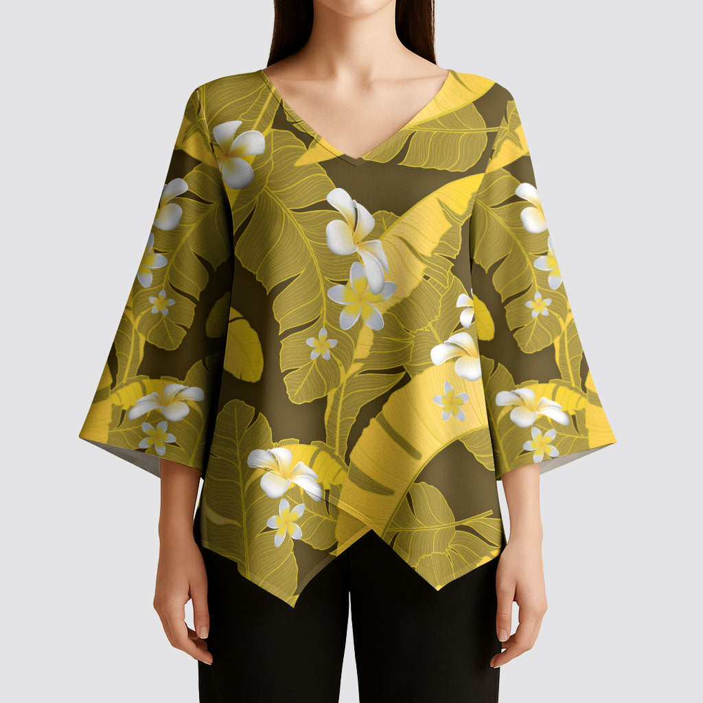 Yellow Banana Leaf Hawaii Kimono Sleeve Blouse Lau Maia Plumeria Tropical Summer Vibes LT14 - Polynesian Pride
