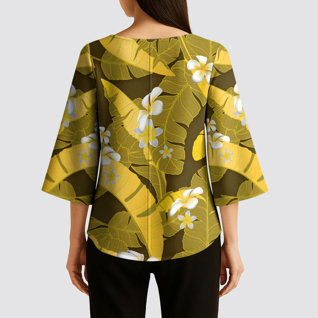 Yellow Banana Leaf Hawaii Kimono Sleeve Blouse Lau Maia Plumeria Tropical Summer Vibes LT14 - Polynesian Pride