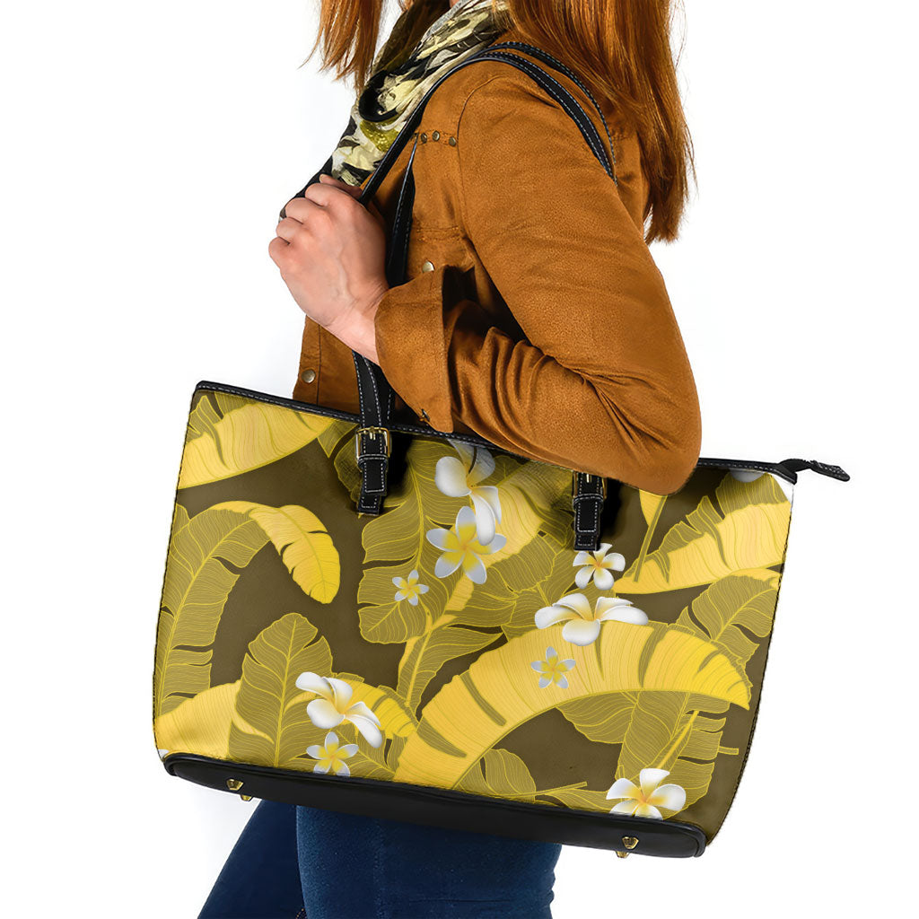 Yellow Banana Leaf Hawaii Leather Tote Bag Lau Maia Plumeria Tropical Summer Vibes LT14 Yellow - Polynesian Pride