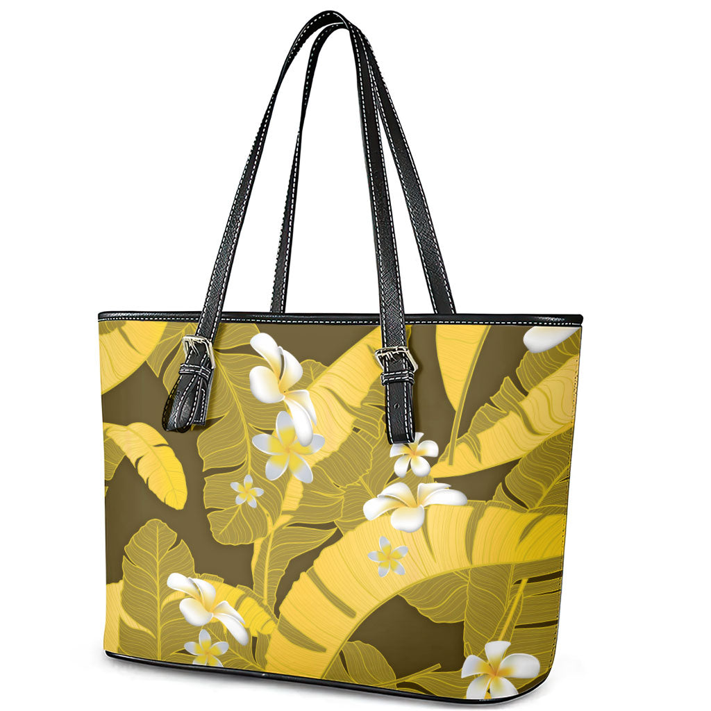 Yellow Banana Leaf Hawaii Leather Tote Bag Lau Maia Plumeria Tropical Summer Vibes LT14 - Polynesian Pride