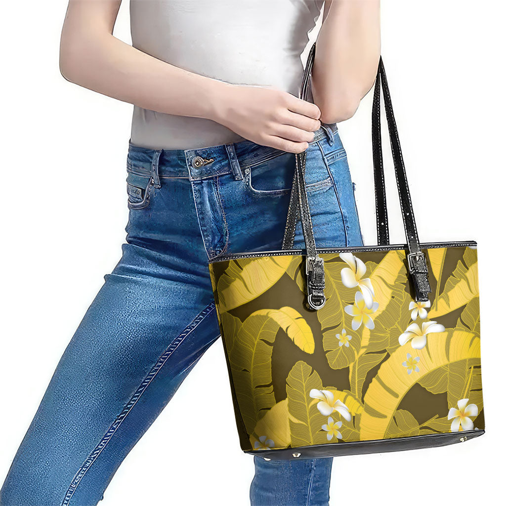 Yellow Banana Leaf Hawaii Leather Tote Bag Lau Maia Plumeria Tropical Summer Vibes LT14 - Polynesian Pride