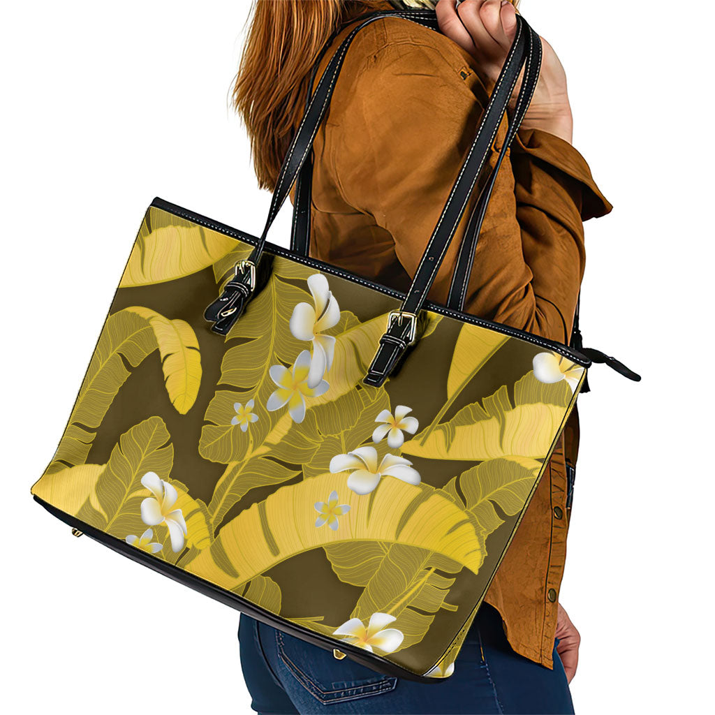 Yellow Banana Leaf Hawaii Leather Tote Bag Lau Maia Plumeria Tropical Summer Vibes LT14 - Polynesian Pride