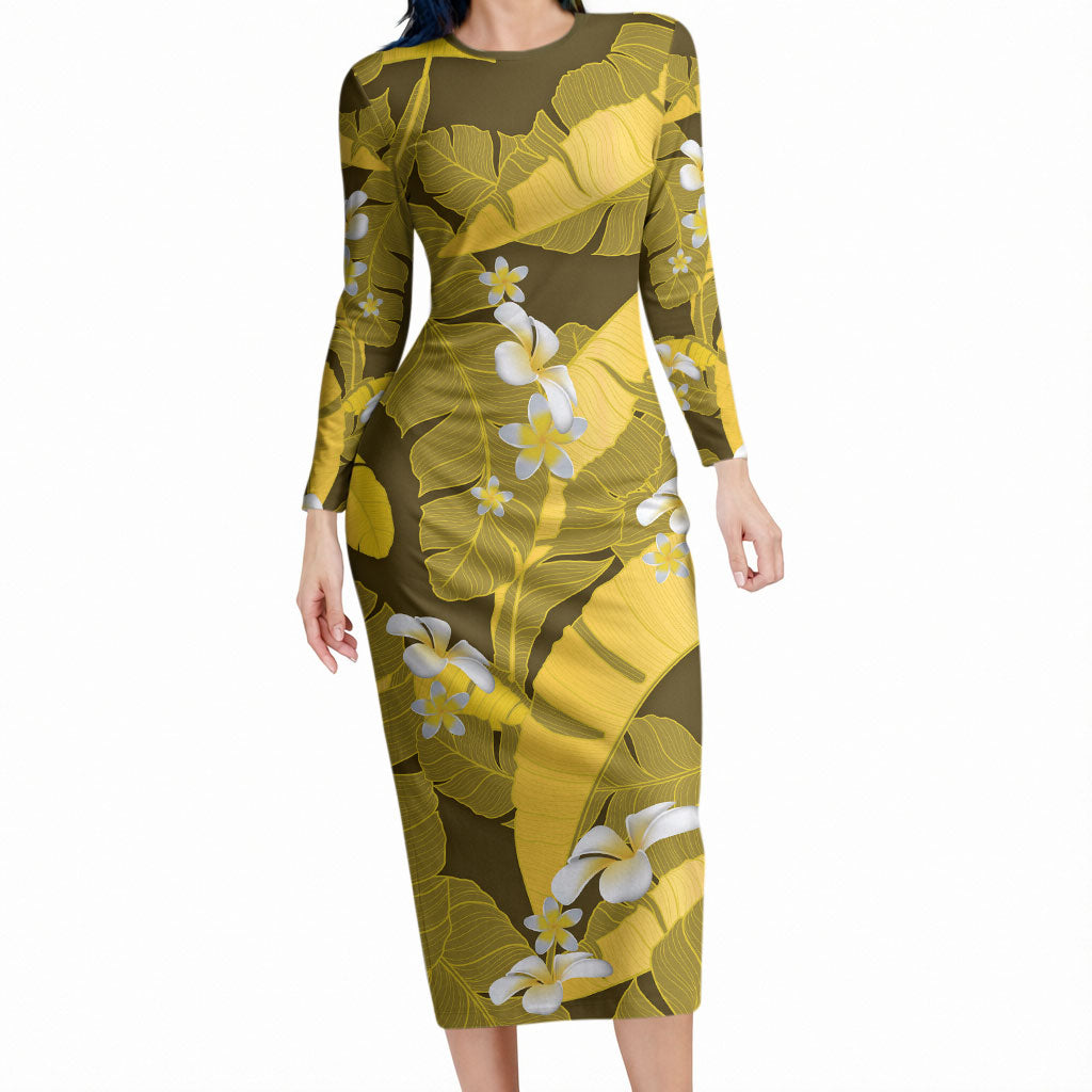 Yellow Banana Leaf Hawaii Long Sleeve Bodycon Dress Lau Maia Plumeria Tropical Summer Vibes LT14 Long Dress Yellow - Polynesian Pride