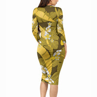 Yellow Banana Leaf Hawaii Long Sleeve Bodycon Dress Lau Maia Plumeria Tropical Summer Vibes LT14 - Polynesian Pride