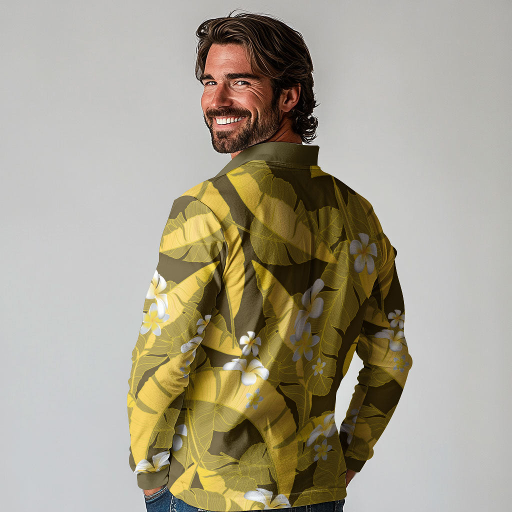 Yellow Banana Leaf Hawaii Long Sleeve Polo Shirt Lau Maia Plumeria Tropical Summer Vibes LT14 - Polynesian Pride